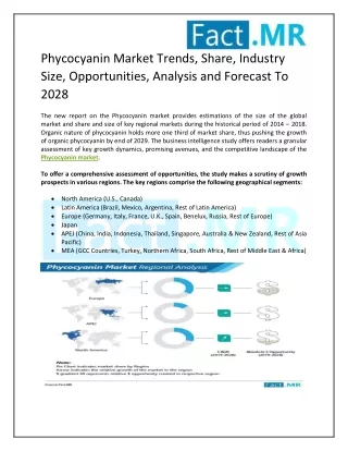 Phycocyanin Market Global Demand, Research and Top Leading Player through 2019 to 2028