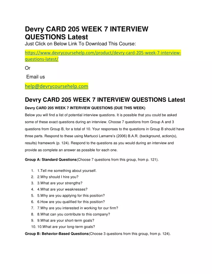 devry card 205 week 7 interview questions latest