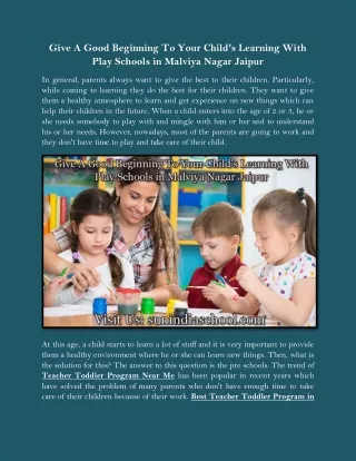 Give A Good Beginning To Your Child's Learning With Play Schools in Malviya Nagar Jaipur