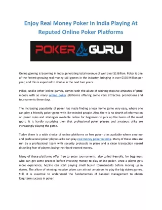 Enjoy Real Money Poker In India Playing At Reputed Online Poker Platforms