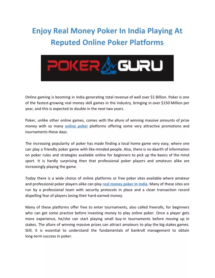 enjoy real money poker in india playing