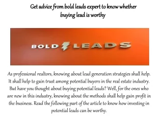Get advice from BoldLeads expert to know whether buying lead is worthy