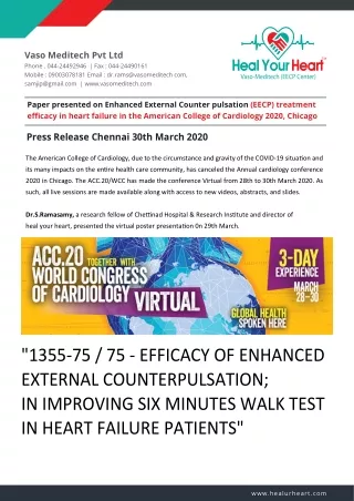 Paper Presented On Enhanced External Counter Pulsation (EECP) Treatment Efficacy In Heart Failure In The American Colleg