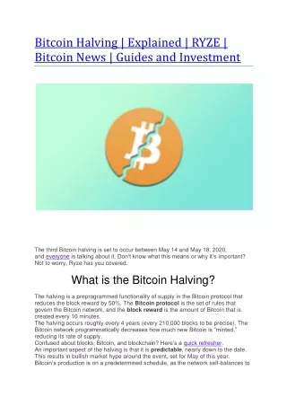 Bitcoin Halving | Explained | RYZE | Bitcoin News | Guides and Investment