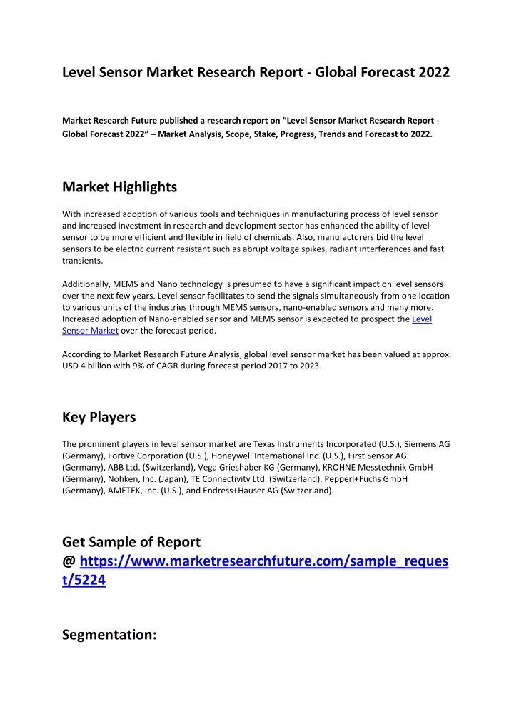 level sensor market research report global