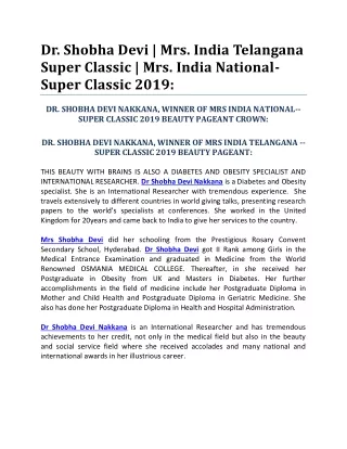 Dr. Shobha Devi | Mrs. India Telangana Super Classic | Mrs. India National-Super Classic 2019: