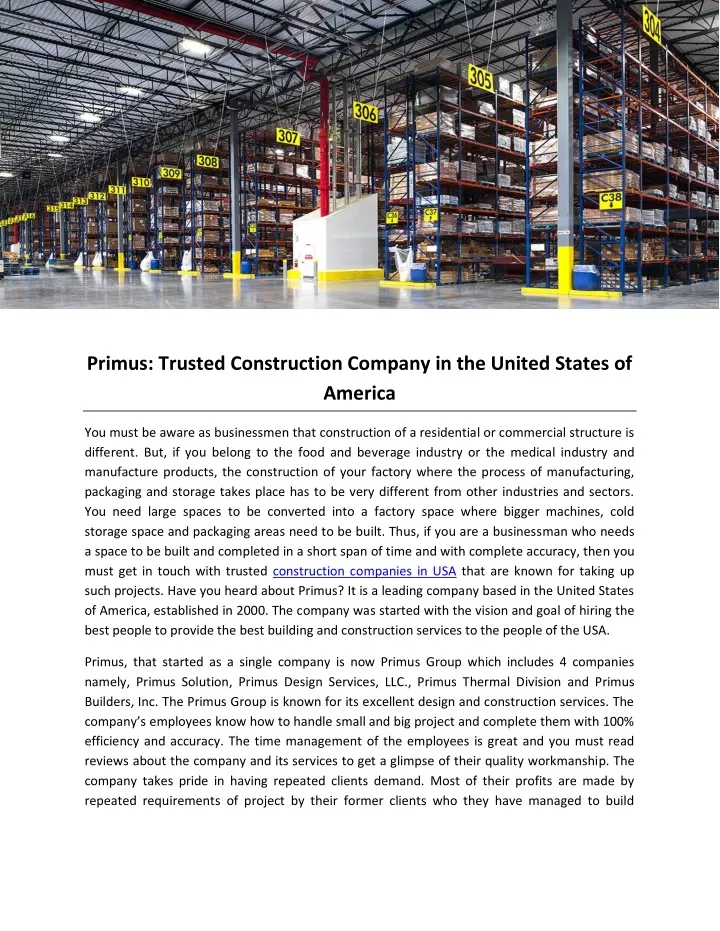 primus trusted construction company in the united