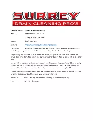 Surrey Drain Cleaning Pros