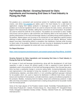 Fat Powders Market | Growing Demand for Dairy Ingredients and Increasing End Uses in Food Industry is Paving the Path