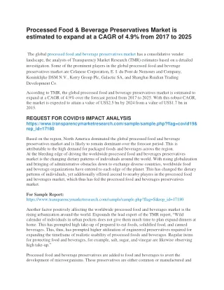 Processed Food & Beverage Preservatives Market is estimated to expand at a CAGR of 4.9% from 2017 to 2025