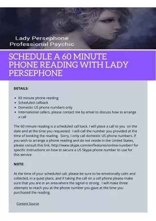 Schedule a 60 minute phone reading with Lady Persephone
