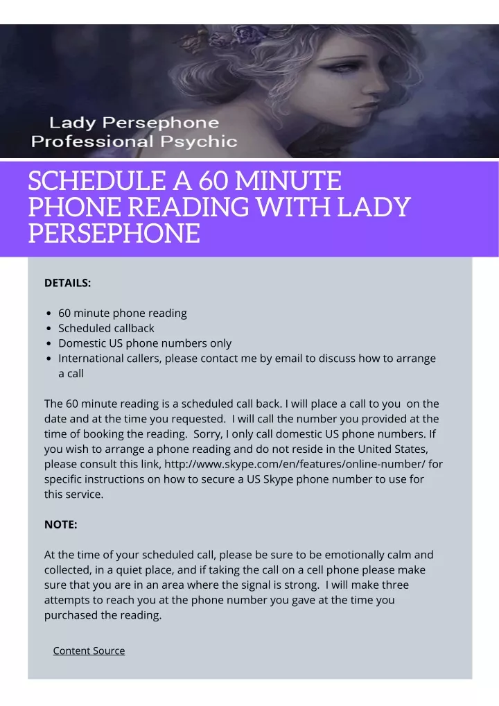 schedule a 60 minute phone reading with lady