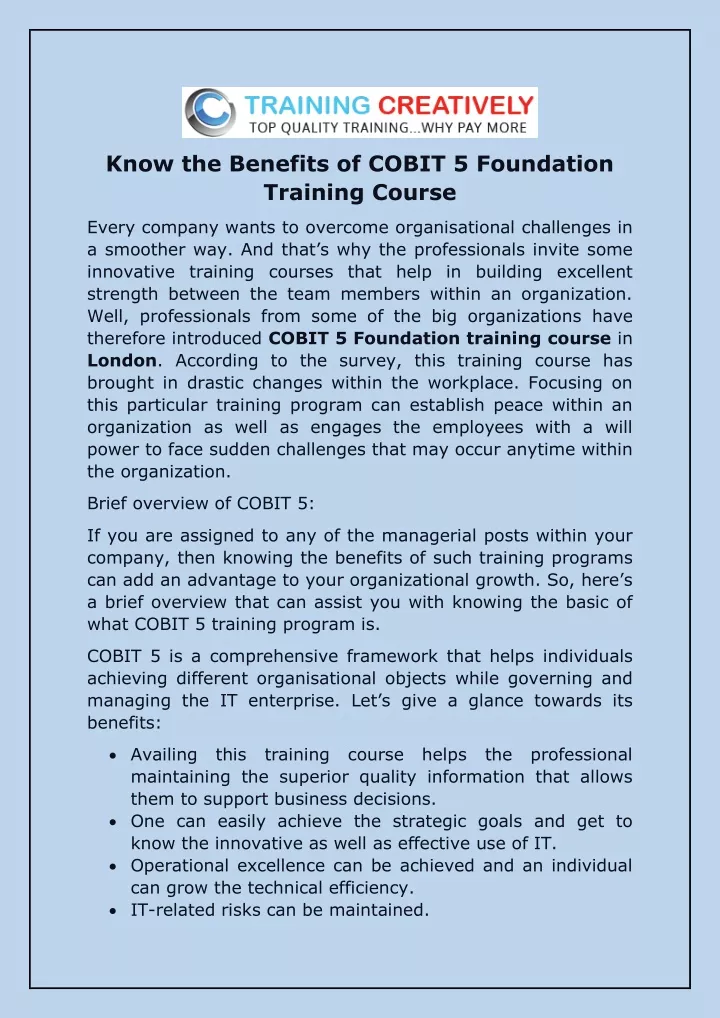 know the benefits of cobit 5 foundation training