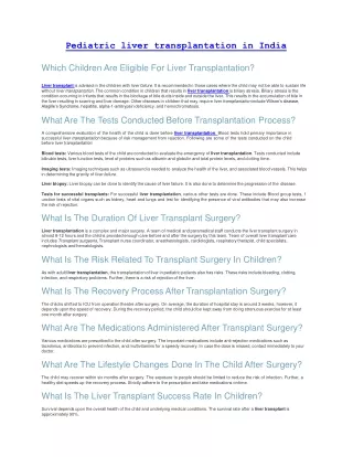 Pediatric liver transplantation in India, Children Liver Transplant In India