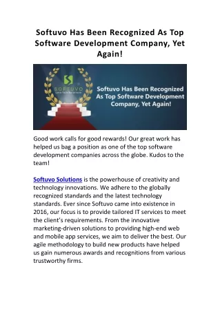 Softuvo Has Been Recognized As Top Software Development Company| Softuvo Solutions