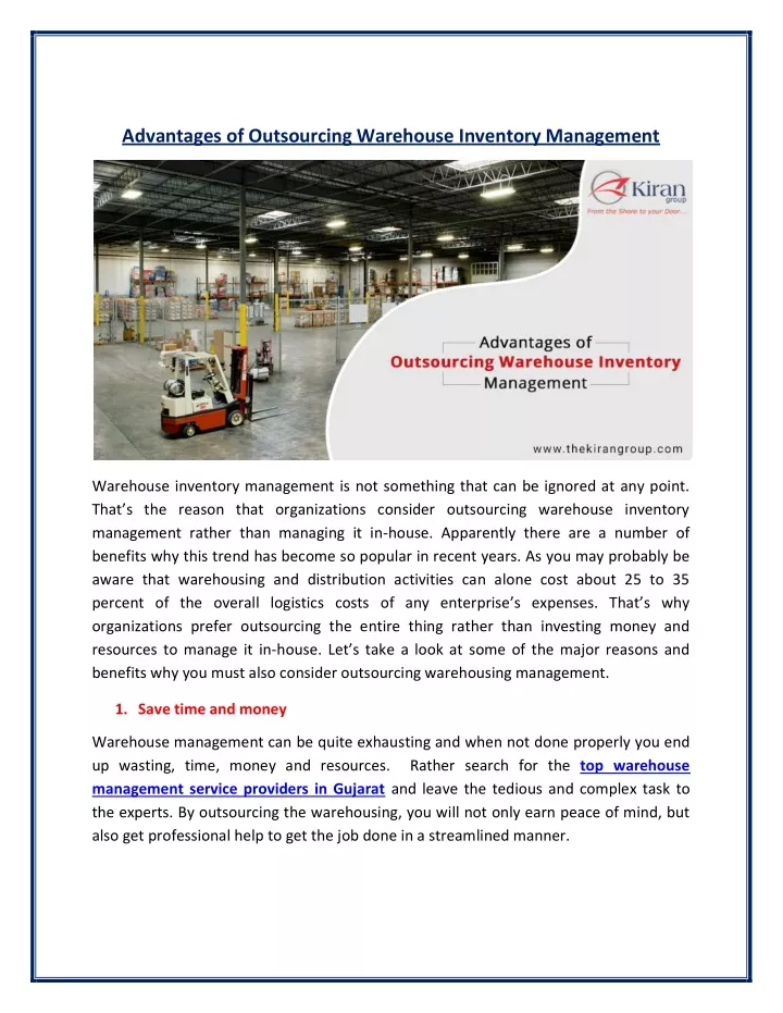 advantages of outsourcing warehouse inventory