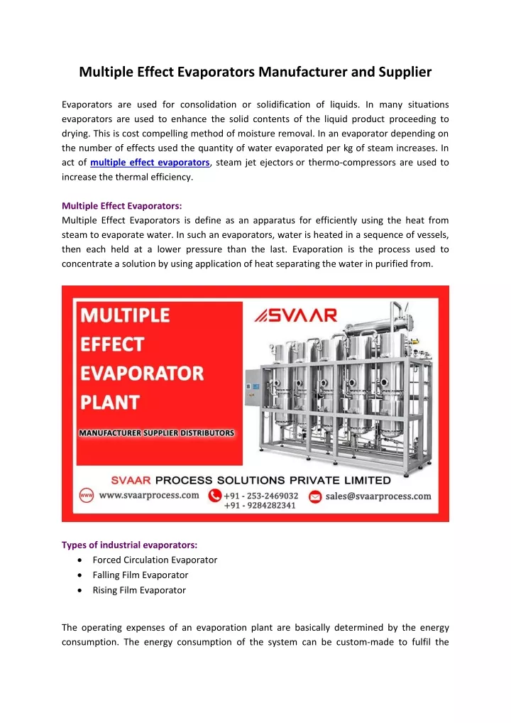 multiple effect evaporators manufacturer