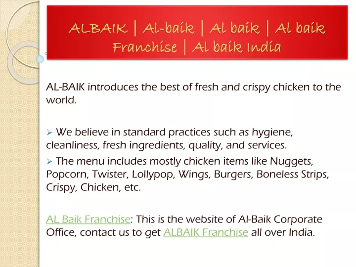 albaik al baik al baik al baik franchise al baik india