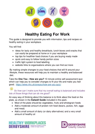 Derbyshire PUBLIC hEALTH EAT WELL GUIDE FOR Chesterfield Royal Hospital staff