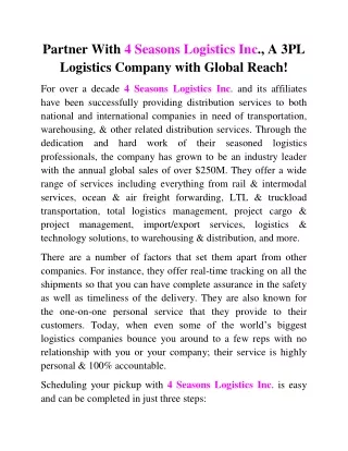 Partner With 4 Seasons Logistics Inc., A 3PL Logistics Company with Global Reach!
