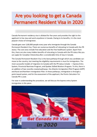 Are you looking to get a Canada Permanent Resident Visa in 2020