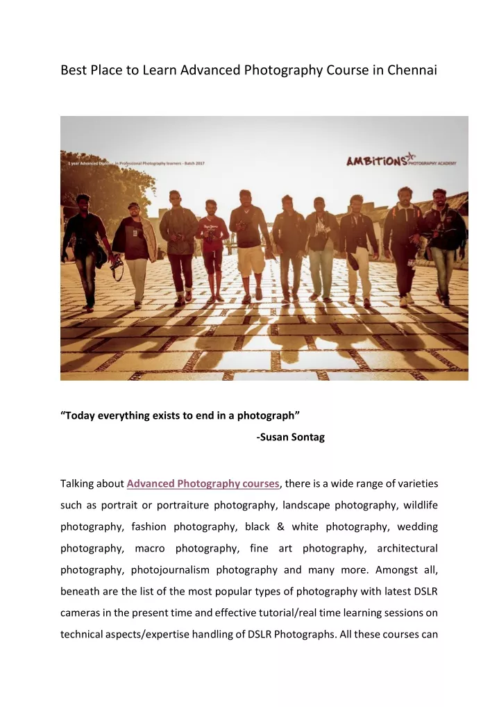 best place to learn advanced photography course