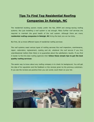 Tips To Find Top Residential Roofing Companies In Raleigh, NC