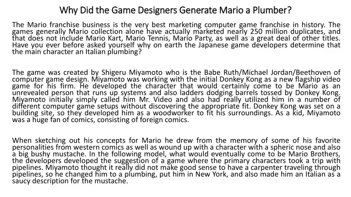 why did the game designers generate mario a plumber