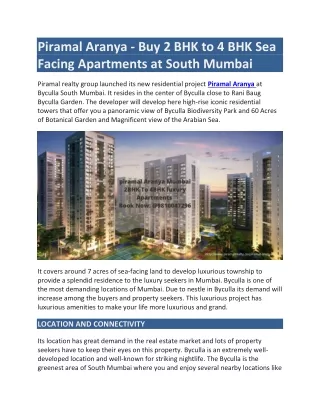 Piramal Aranya - Buy 2 BHK to 4 BHK Sea Facing Apartments at South Mumbai