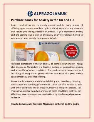 Purchase Xanax for Anxiety in the UK and EU