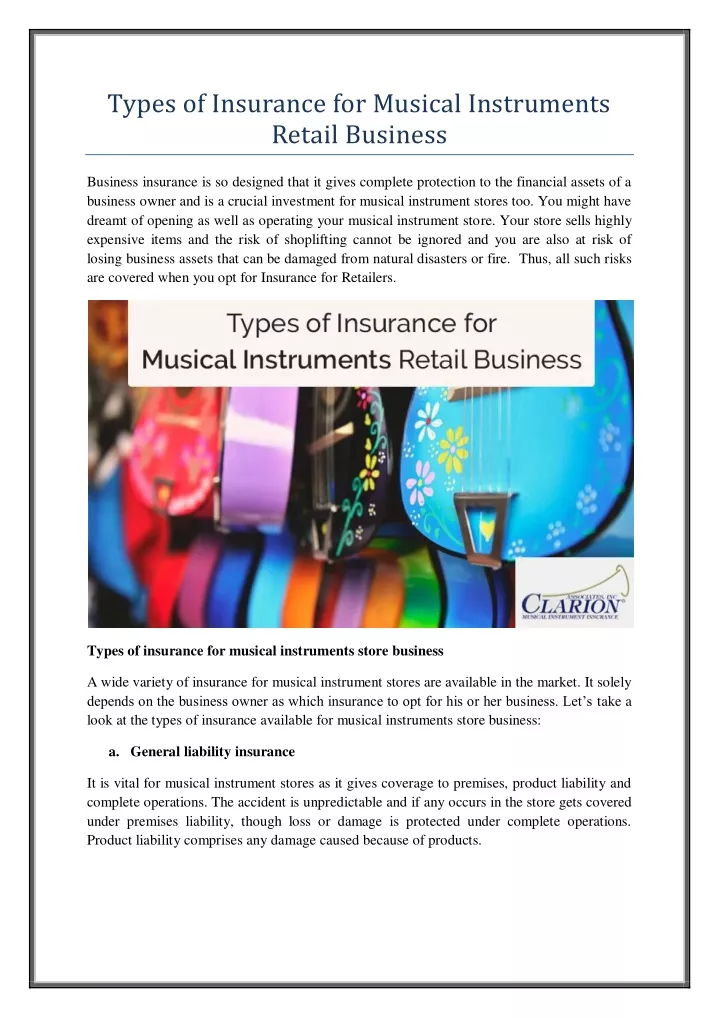 types of insurance for musical instruments retail