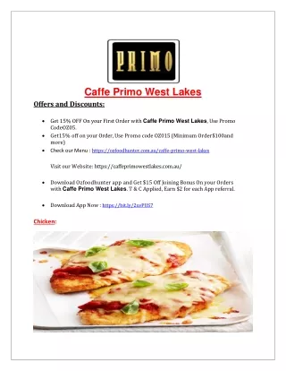 15% Off - Caffe Primo West Lakes menu - Italian food Takeaway, SA