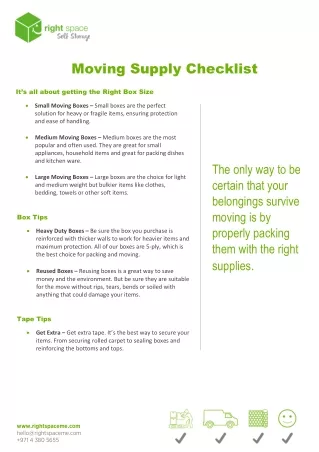 Right Space Self Storage - Dubai Moving Supply Checklist