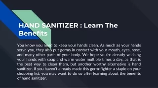 HAND SANITIZER : Learn The Benefits