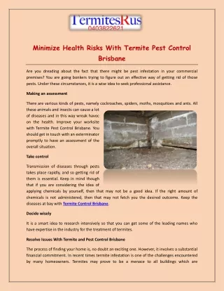 Minimize Health Risks With Termite Pest Control Brisbane