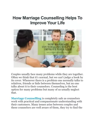 How Marriage Counselling Helps To Improve Your Life