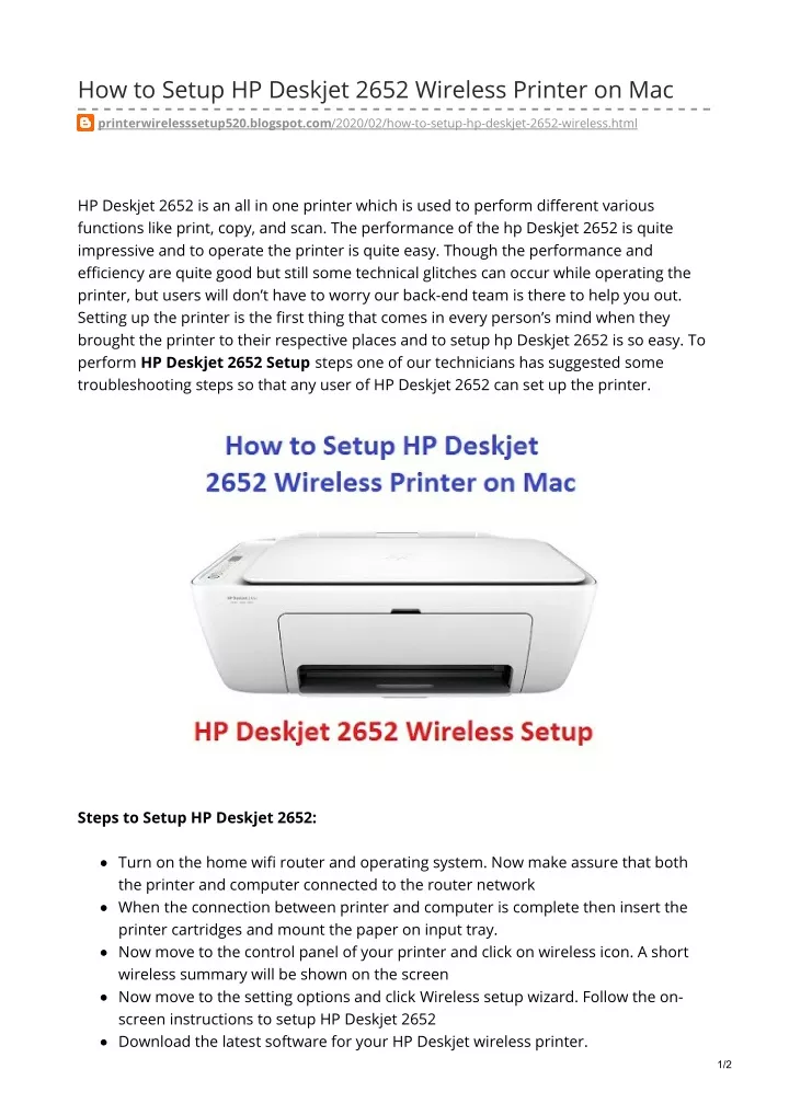 how to setup hp deskjet 2652 wireless printer