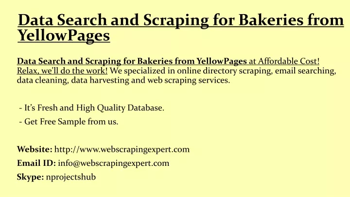 data search and scraping for bakeries from yellowpages