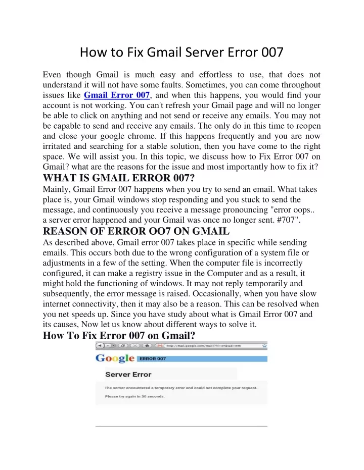 how to fix gmail server error 007
