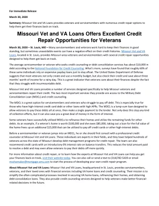 Missouri Vet and VA Loans Offers Excellent Credit Repair Opportunities for Veterans