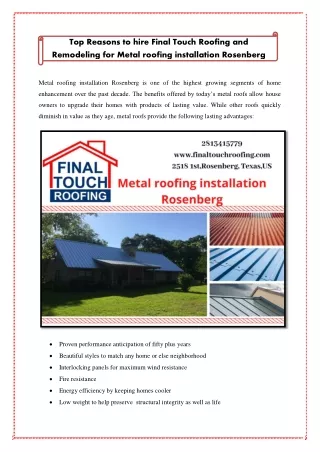 Top Reasons to hire Final Touch Roofing and Remodeling for Metal roofing installation Rosenberg