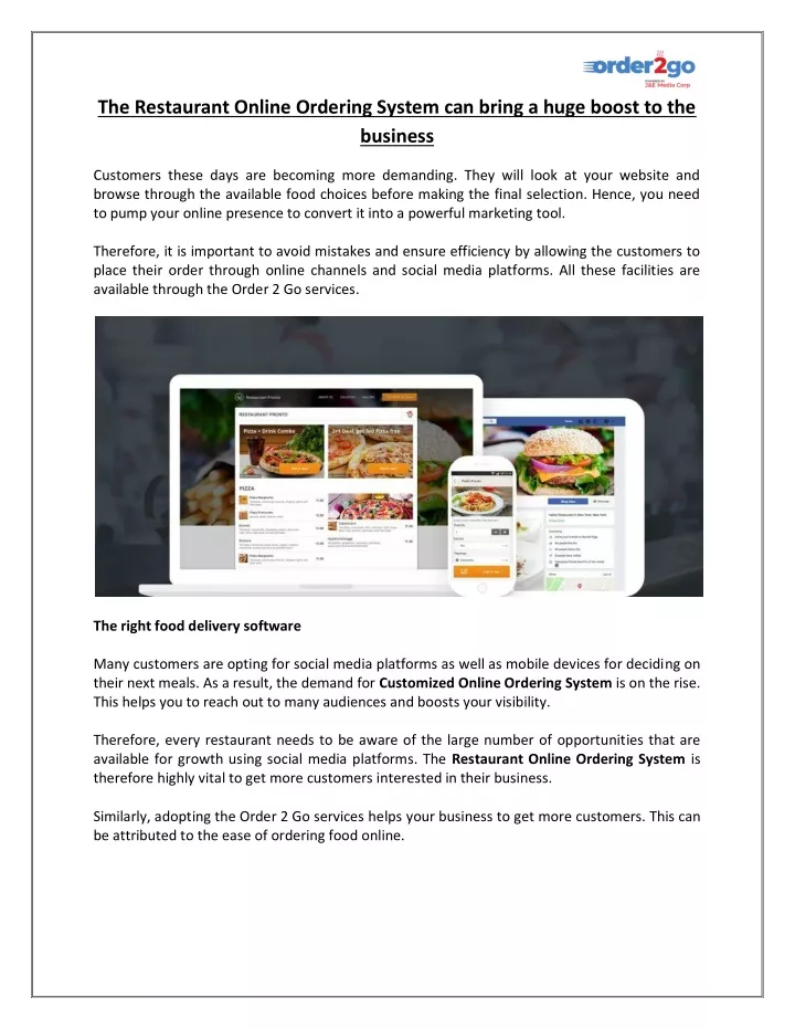 the restaurant online ordering system can bring