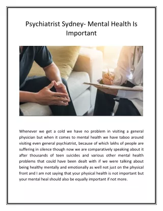 Psychiatrist Sydney- Mental Health Is Important