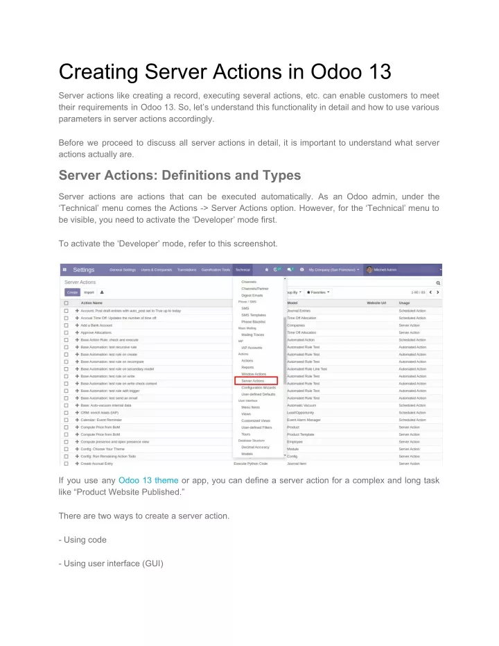 creating server actions in odoo 13