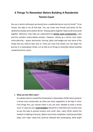 6 Things To Remember Before Building A Residential Tennis Court