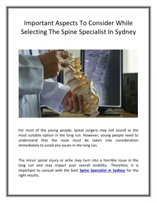 Important Aspects To Consider While Selecting The Spine Specialist In Sydney