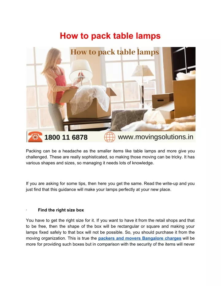 how to pack table lamps
