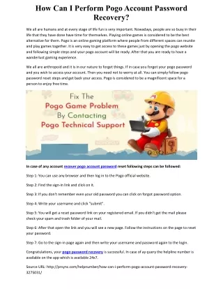 how can i perform pogo account password recovery