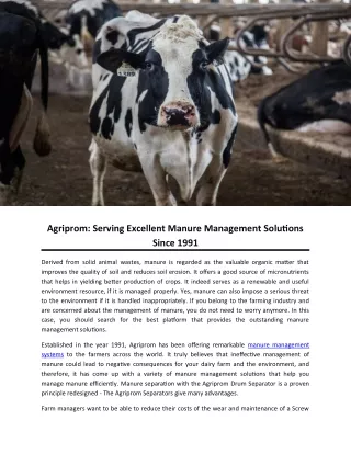 Agriprom: Serving Excellent Manure Management Solutions Since 1991