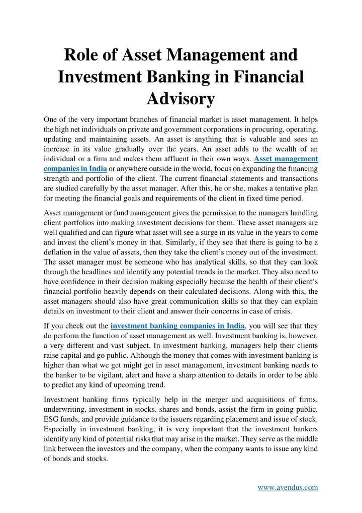 role of asset management and investment banking